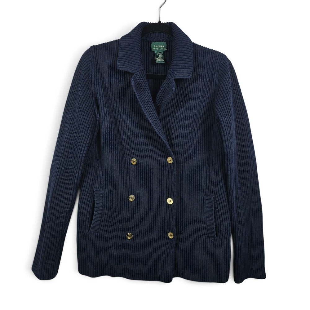 VTG Lauren Ralph Lauren Cardigan Women L Navy Double Breasted Gold Button Ribbed